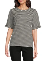 Jones New York Feeder Stripe Crew Neck Ruffled Elbow Sleeve Tee