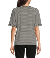 Jones New York Feeder Stripe Crew Neck Ruffled Elbow Sleeve Tee