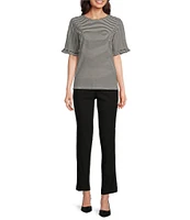 Jones New York Feeder Stripe Crew Neck Ruffled Elbow Sleeve Tee