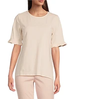 Jones New York Feeder Stripe Crew Neck Ruffled Elbow Sleeve Tee