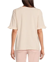 Jones New York Feeder Stripe Crew Neck Ruffled Elbow Sleeve Tee
