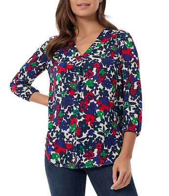 Jones New York Floral Pleated V-Neck 3/4 Sleeve Tunic