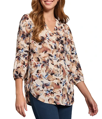 Jones New York Floral Printed Crepe De Chine V-Neck 3/4 Sleeve Tunic