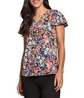 Jones New York Floral Printed Moss Crepe Noodle V-Neck Short Flutter Sleeve Top