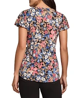 Jones New York Floral Printed Moss Crepe Noodle V-Neck Short Flutter Sleeve Top