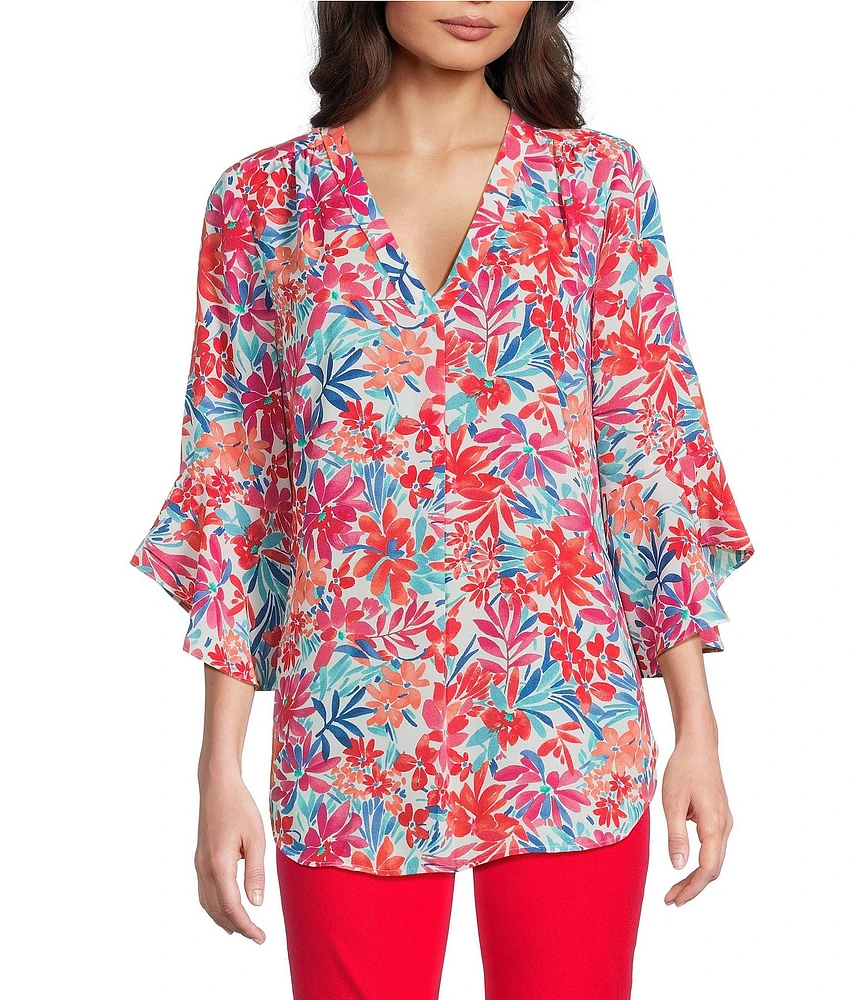 Jones New York Floral Printed V-Neck Flare Sleeve Tunic