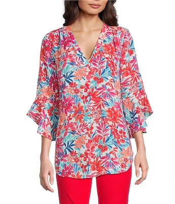 Jones New York Floral Printed V-Neck Flare Sleeve Tunic