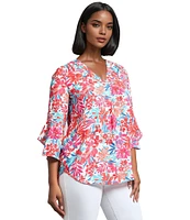 Jones New York Floral Printed V-Neck Flare Sleeve Tunic