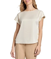 Jones New York Hammered Satin Crew Neck Short Sleeve Side Button Blouse