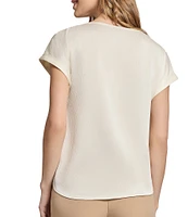 Jones New York Hammered Satin Crew Neck Short Sleeve Side Button Blouse
