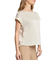 Jones New York Hammered Satin Crew Neck Short Sleeve Side Button Blouse
