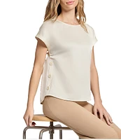 Jones New York Hammered Satin Crew Neck Short Sleeve Side Button Blouse