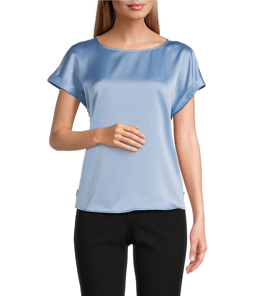 Jones New York Hammered Satin Crew Neck Short Sleeve Side Button Blouse