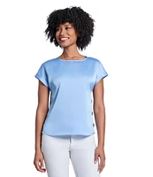 Jones New York Hammered Satin Crew Neck Short Sleeve Side Button Blouse