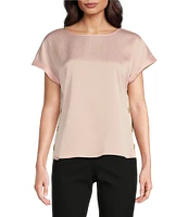 Jones New York Hammered Satin Crew Neck Short Sleeve Side Button Blouse