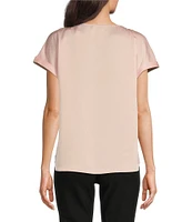 Jones New York Hammered Satin Crew Neck Short Sleeve Side Button Blouse