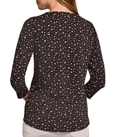 Jones New York Heart Print Moss Crepe Metal Trim V-Neck 3/4 Sleeve Top