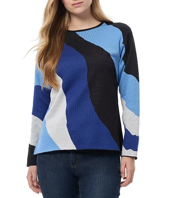 Jones New York Intarsia Knit Wave Color Block Crew Neck Long Sleeve Sweater