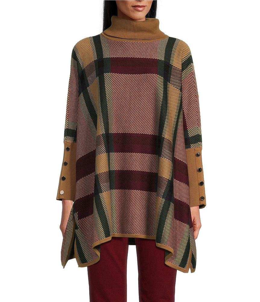 Jones New York Jacquard Plaid Long Sleeve Turtleneck Poncho