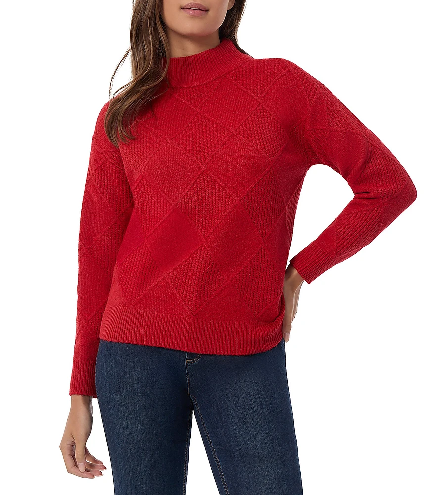 Jones New York Knit Diamond Stitched Mock Neck Long Sleeve Sweater