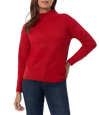 Jones New York Knit Diamond Stitched Mock Neck Long Sleeve Sweater