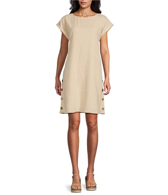Jones New York Linen Blend Crew Neck Short Sleeve Side Button A-Line Dress