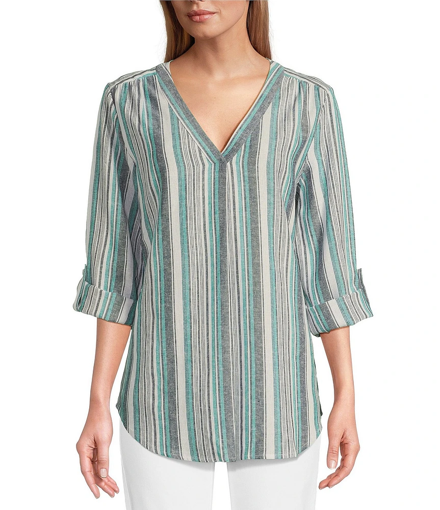 Jones New York Linen Blend V-Neck Roll Tab Sleeve Tunic