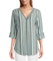 Jones New York Linen Blend V-Neck Roll Tab Sleeve Tunic