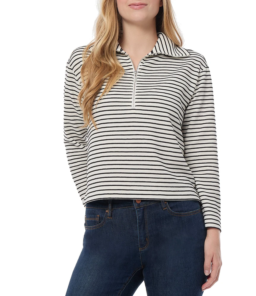 Jones New York Lurex Ottoman Horizontal Stripe Metallic Detail Quarter-Zip Long Sleeve Pullover