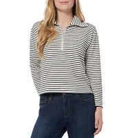 Jones New York Lurex Ottoman Horizontal Stripe Metallic Detail Quarter-Zip Long Sleeve Pullover