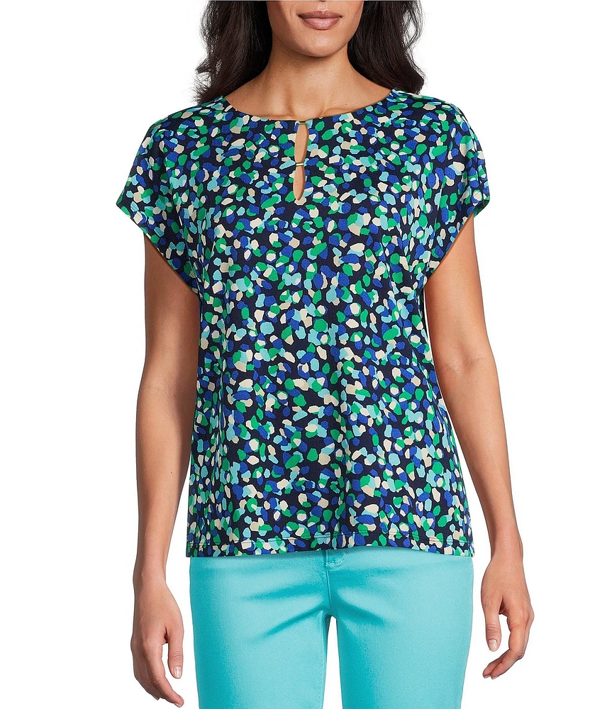 Jones New York Moss Crepe Keyhole Crew Neck Cap Sleeve Top