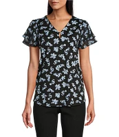Jones New York Moss Crepe V-Neck Double Flutter Sleeve Top