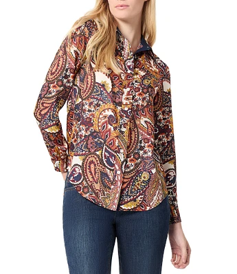 Jones New York Paisley Printed Satin Twill Point Collar Long Sleeve Button Front Utility Blouse