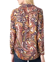 Jones New York Paisley Printed Satin Twill Point Collar Long Sleeve Button Front Utility Blouse