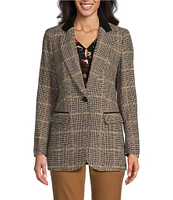 Jones New York Plaid Elbow Patch Notch Collar One-Button Blazer