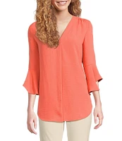 Jones New York Pleated V-Neck Flare Sleeve Tunic