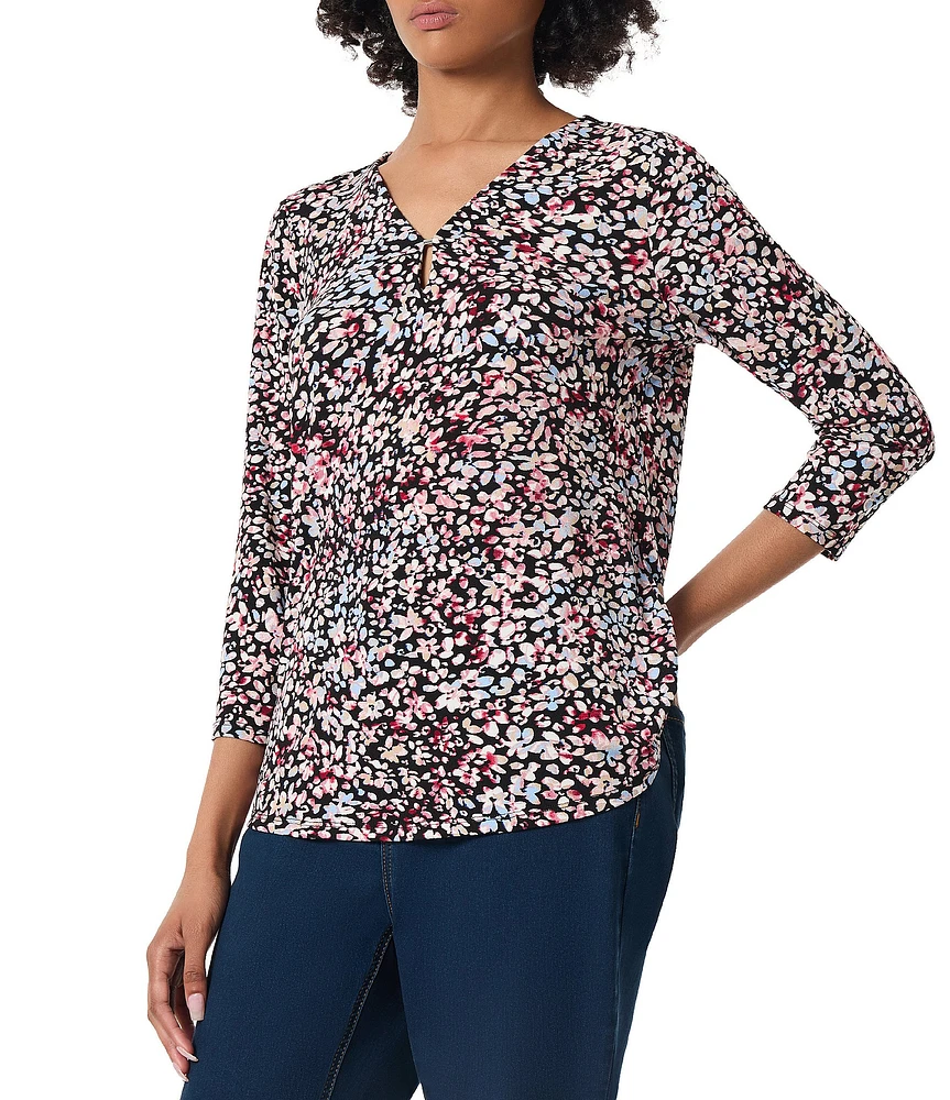 Jones New York Printed Moss Crepe 3/4 Sleeve V-Neck Top