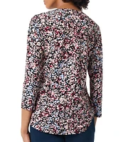 Jones New York Printed Moss Crepe 3/4 Sleeve V-Neck Top