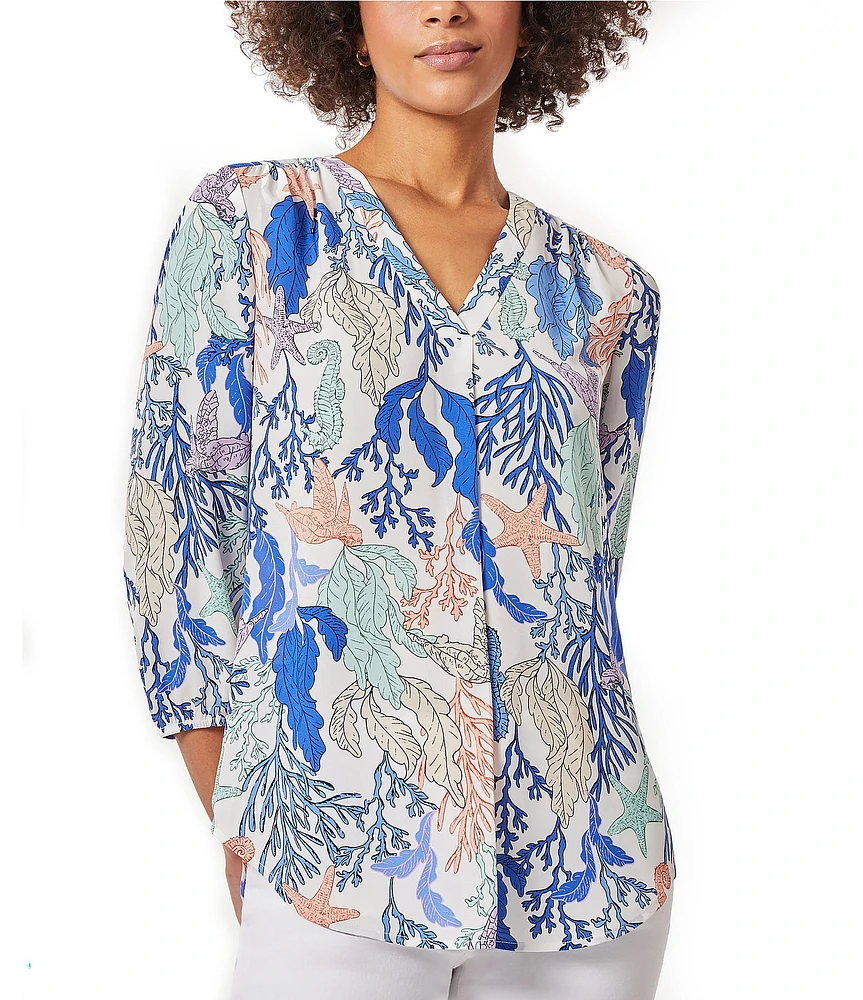 Jones New York Ocean Printed V-Neck 3/4 Sleeve Pleated Front Tunic