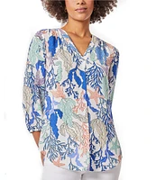 Jones New York Ocean Printed V-Neck 3/4 Sleeve Pleated Front Tunic