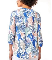 Jones New York Ocean Printed V-Neck 3/4 Sleeve Pleated Front Tunic