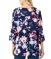 Jones New York Printed V-Neck D-Ring Roll Sleeve Tunic