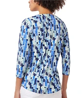 Jones New York Printed V-Neck 3/4 Sleeve Elastic Cuff Pleated Front Tunic