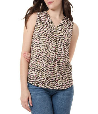 Jones New York Printed V Neckline Sleeveless Pleat Front Blouse