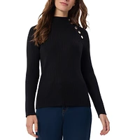 Jones New York Ribbed Button Placket Mock Neck Raglan Long Sleeve Sweater