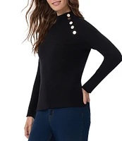 Jones New York Ribbed Button Placket Mock Neck Raglan Long Sleeve Sweater