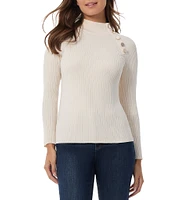 Jones New York Ribbed Button Placket Mock Neck Raglan Long Sleeve Sweater