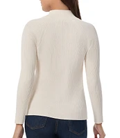 Jones New York Ribbed Button Placket Mock Neck Raglan Long Sleeve Sweater