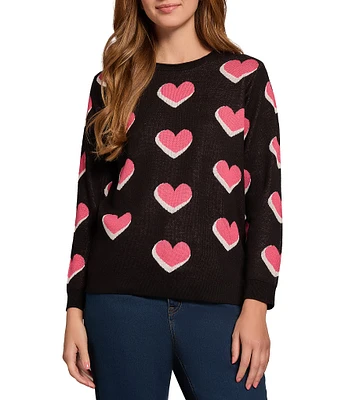 Jones New York Scatter Heart Crew Neck Long Sleeve Knit Top