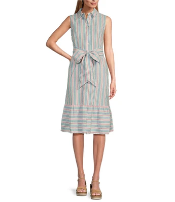 Jones New York Sleeveless Point Collar Tie Front Midi Shirt Dress